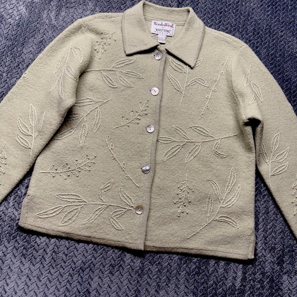 Knitting Needles VTG Wool Cardigan Sweater M WondraWool Cottagecore Sage Floral